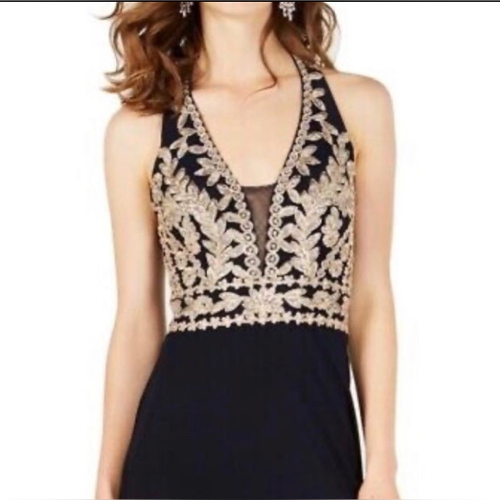Navy Blue Gold Embroidered Prom dress